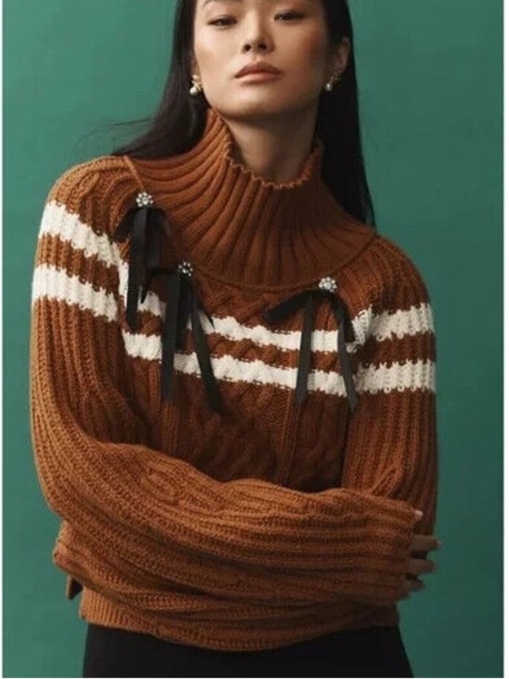 Maeve Anthropologie Three Bow Cable Knit Mockneck Sweater in Honey Size XL